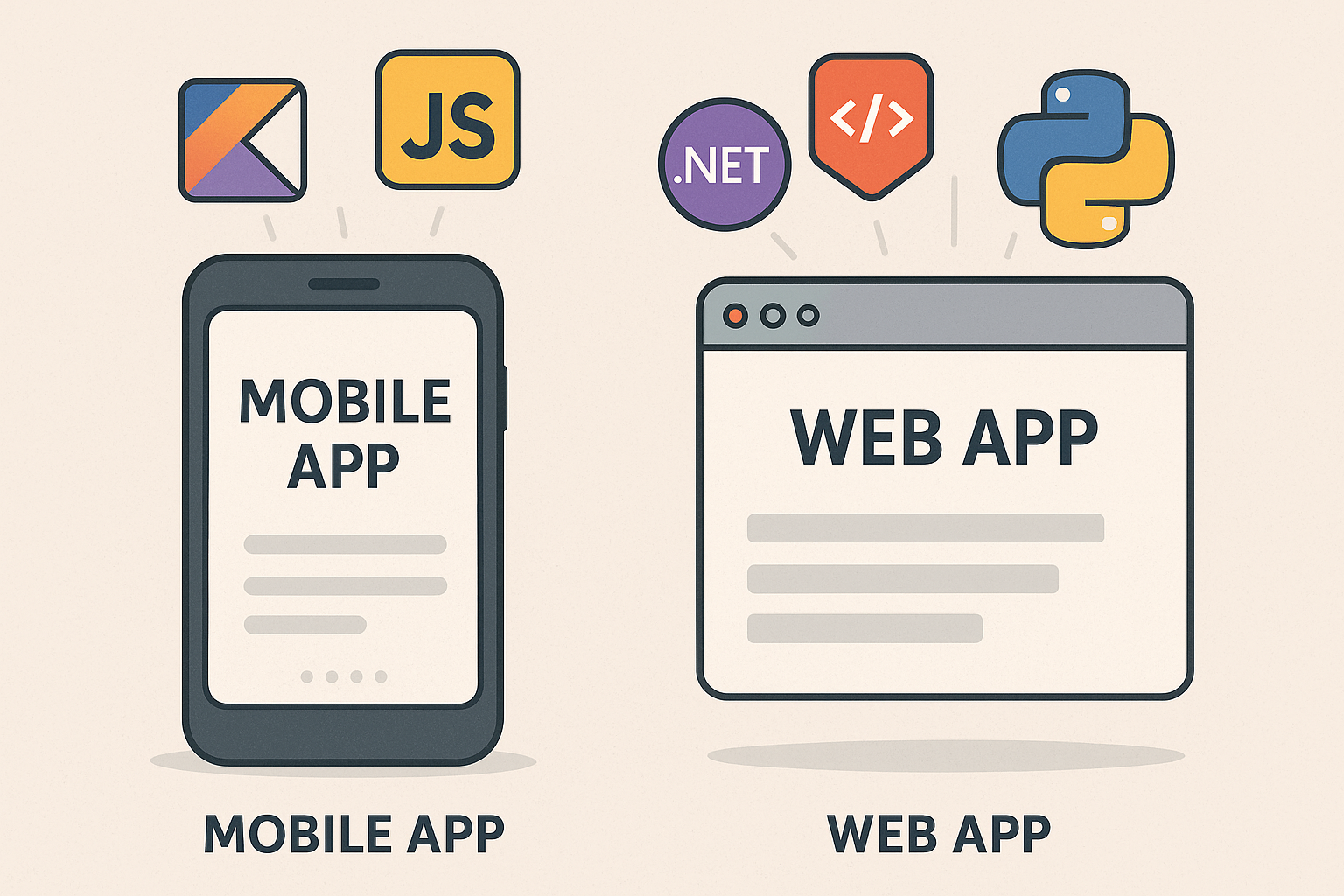 une illustration montrant une app mobile vs une app web avec des icones de langages de programmation sortant de liun et lautre sans oublier NET-1